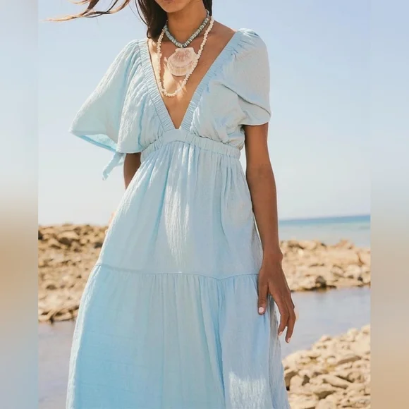 Light Blue V-Neck Maxi Dress - Elegant Tiered Summer Dress - Picture 4 of 5